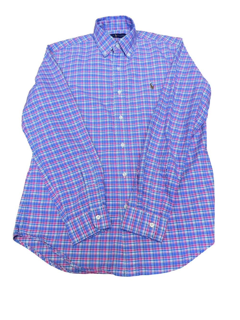 Ralph Lauren Blue and Pink Plaid windowpane Button-Down Dress Shirt Size Small